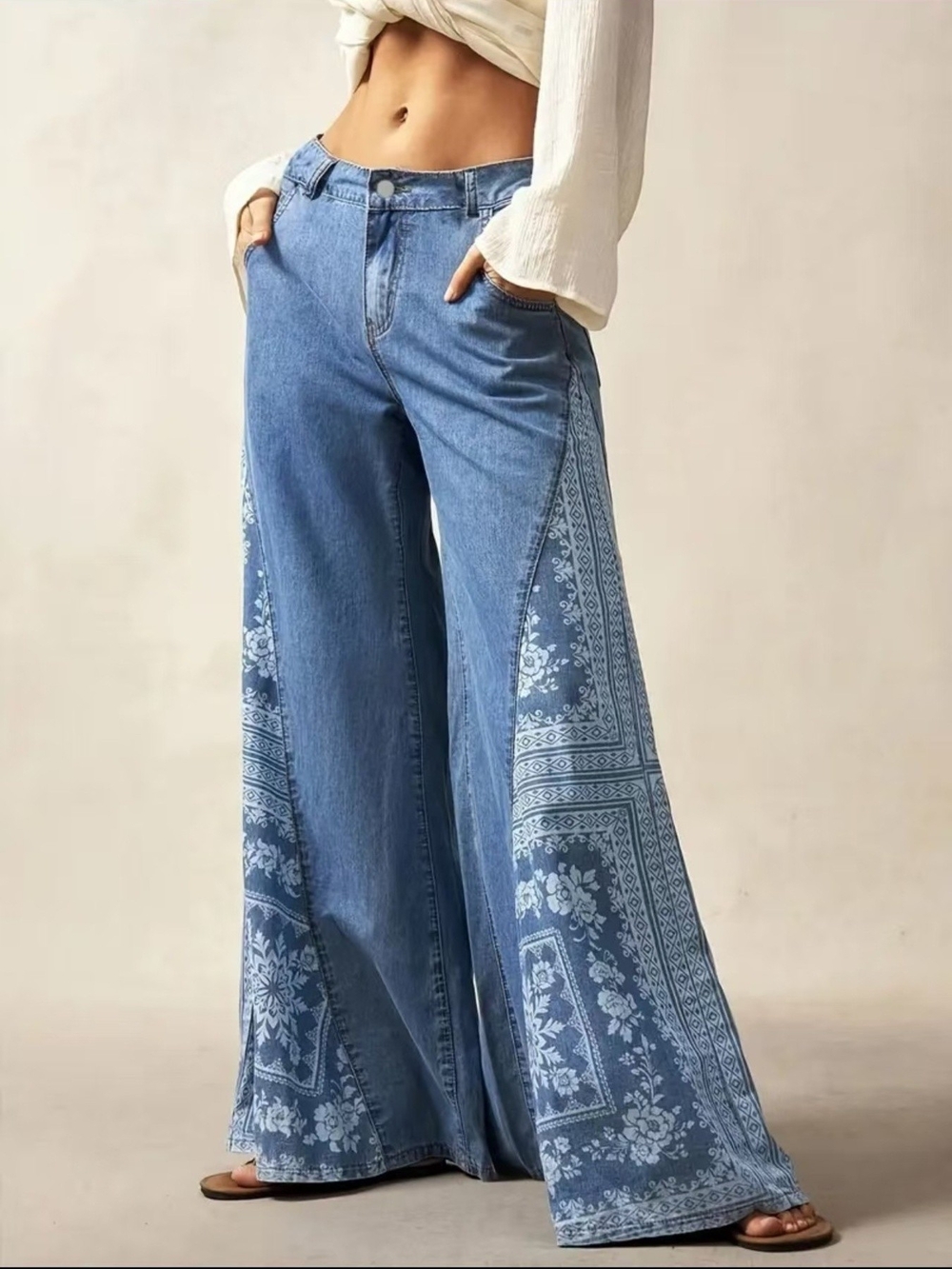 Blue Floral Bandana-Print Panel Wide Leg Jeans Sz S M L XL - Picture 4 of 4